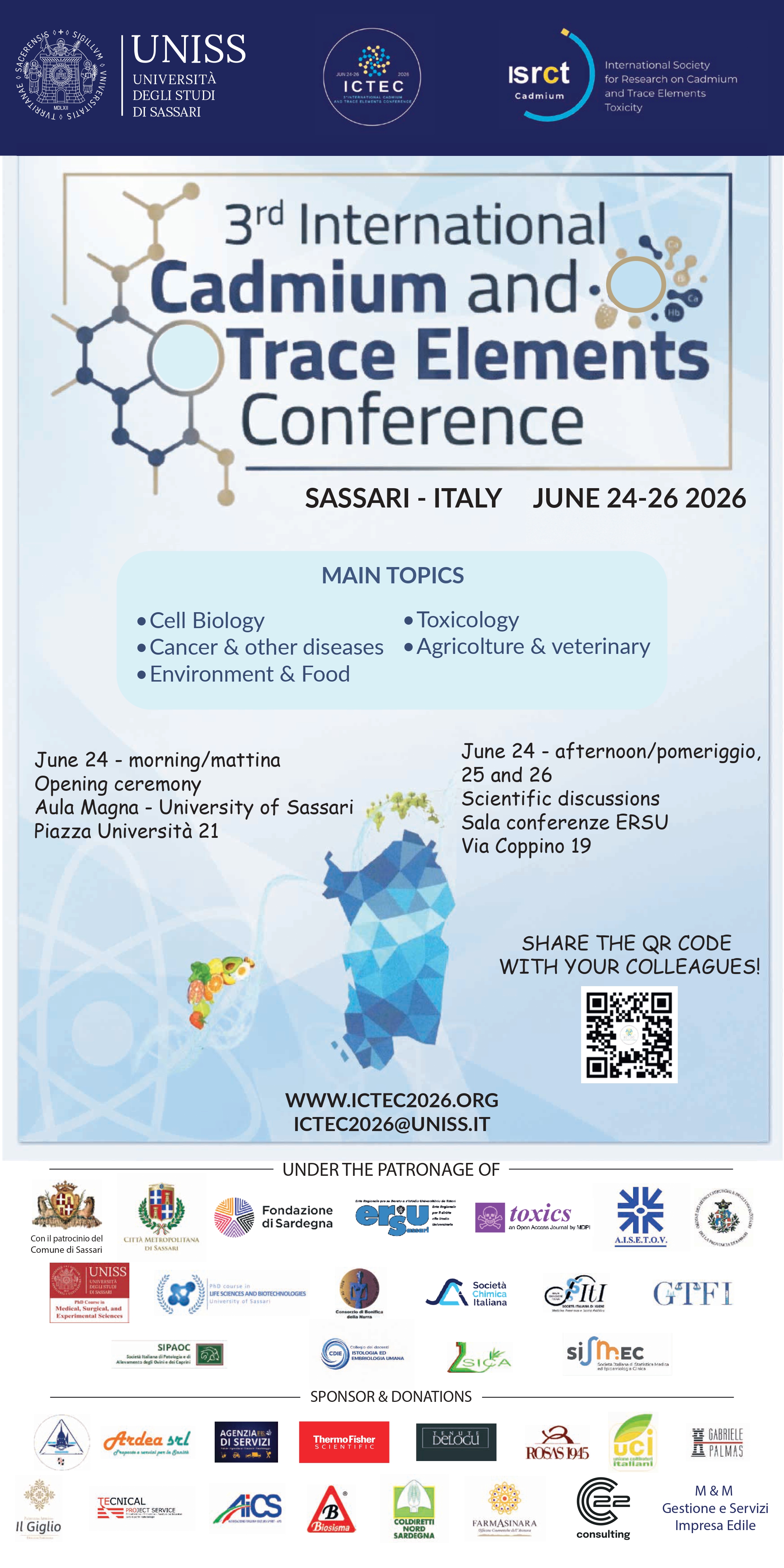 3rd International Cadmium and Trace Elements Conference ICTEC 2026 Sassari, Sardinia, Italy  |  24 - 26 June 2026 https://www.uniss.it/it/eventi/congresso-internazionale-sul-cadmio-ed-elementi-traccia
