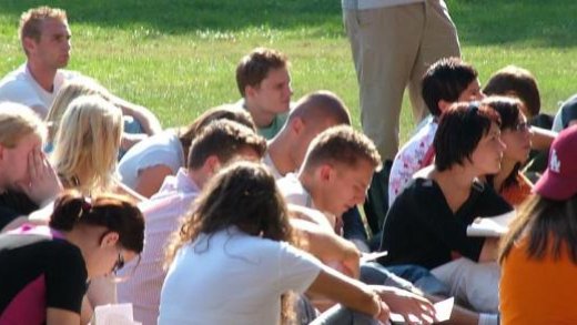 Studenti seduti sul prato sotto il sole